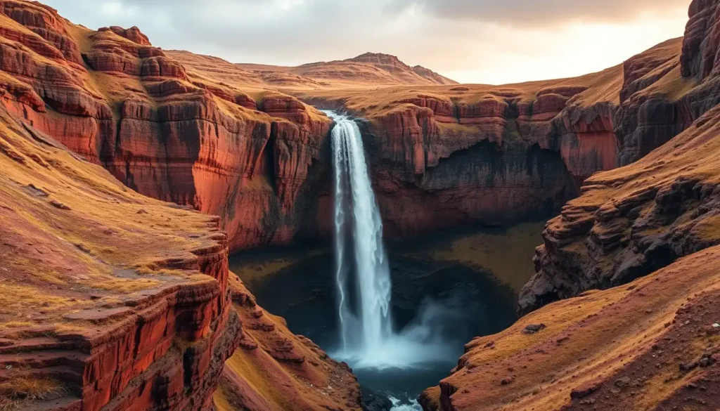 Hengifoss waterfall with red rock layers in East Iceland