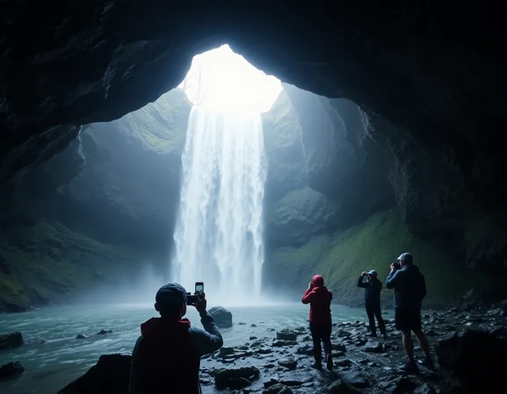 View from behind Kvernufoss Waterfall inside cave with tourists and mist