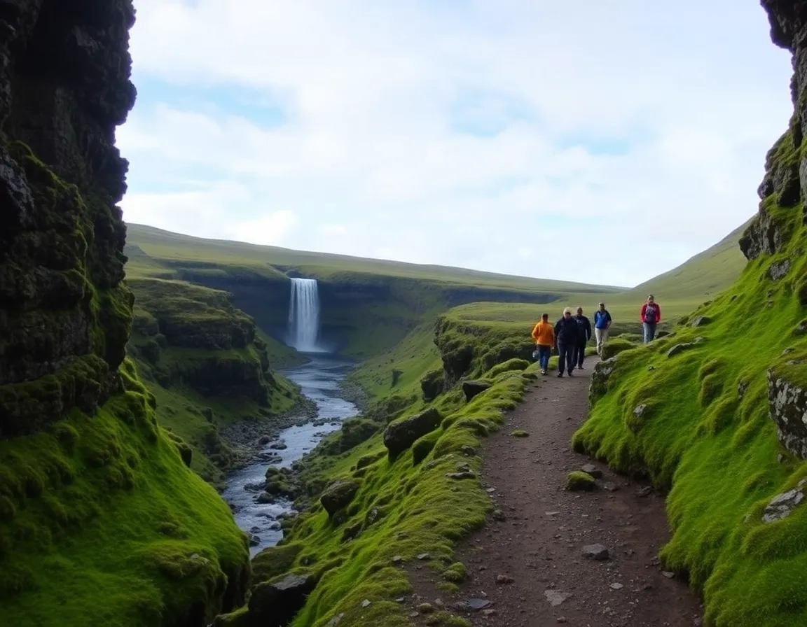 Hiking path along river leading to Kvernufoss Waterfall in mossy green canyon.