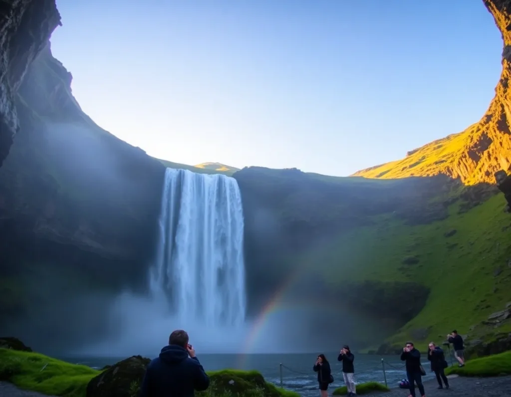 Kvernufoss Waterfall in Iceland with rainbow and lush green canyon during golden hour