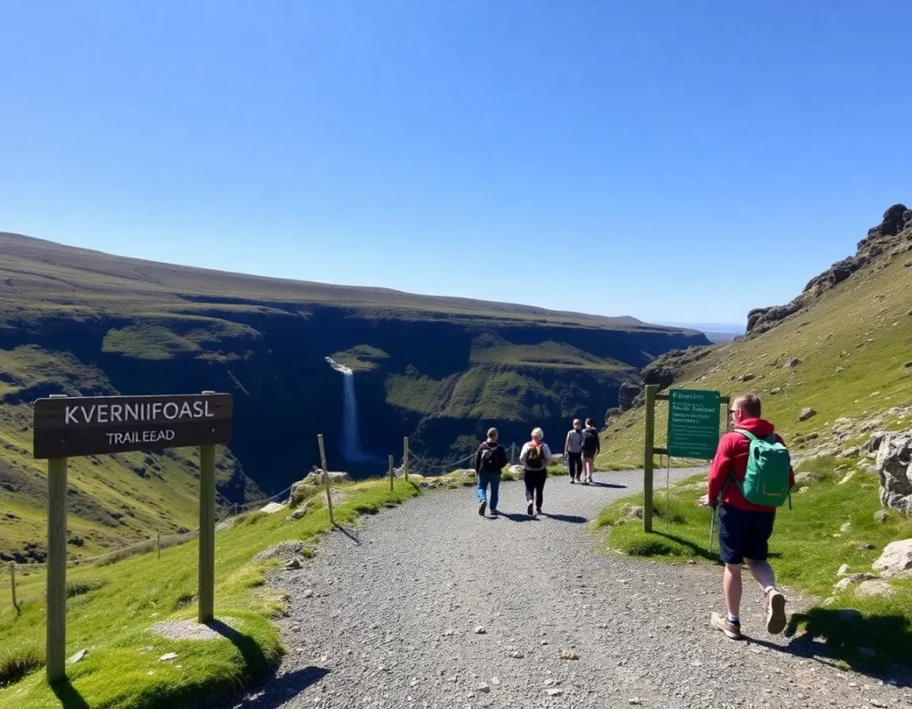 Hikers starting Kvernufoss Waterfall hike from trailhead near Skógar Museum.