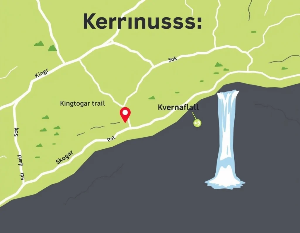 Map showing Kvernufoss Waterfall location near Skógar and Ring Road in Iceland.