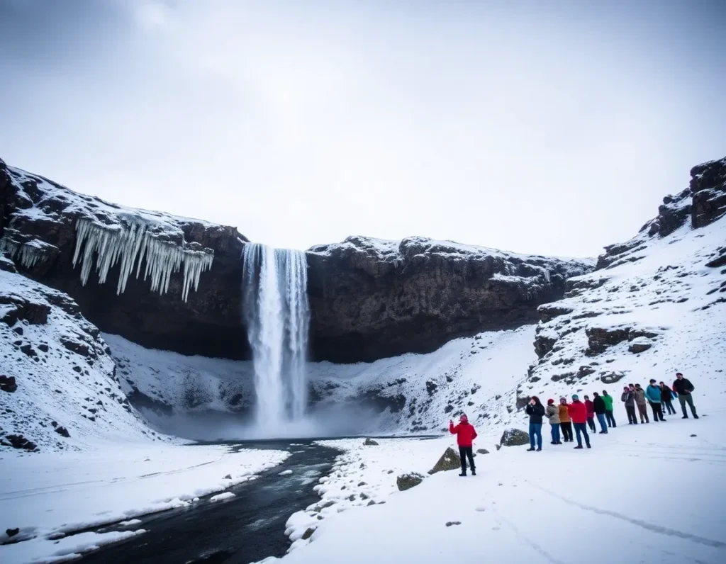 Kvernufoss Waterfall in winter with snow, icicles, and frozen canyon edges.