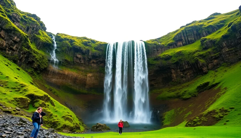 Seljalandsfoss waterfall where visitors walk behind the water