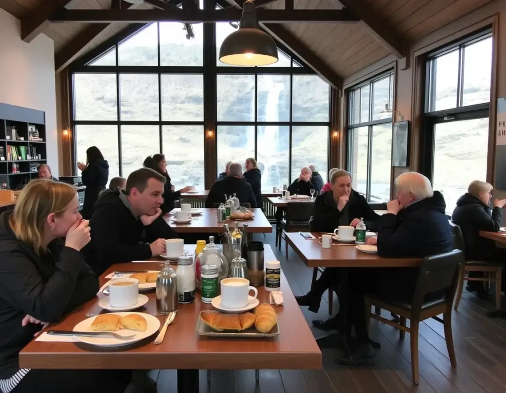 Tourists enjoying food at Skógar Museum café near Kvernufoss Waterfall.