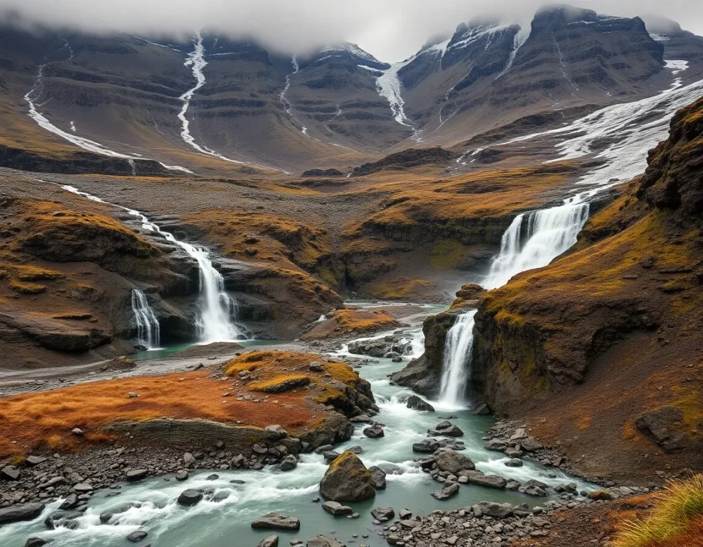 Iceland glaciers and volcanic terrain creating thousands of waterfalls