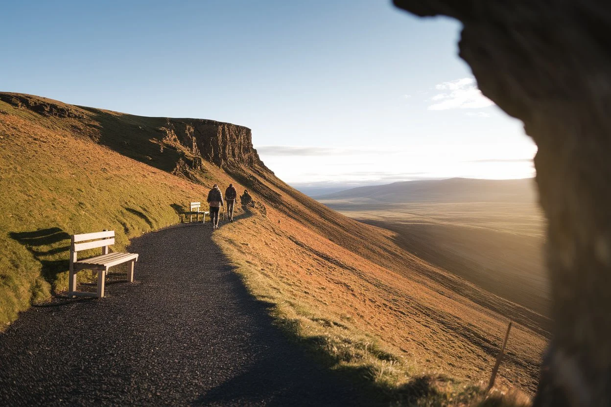 Hikers on Hengifoss hiking trail overlooking Fljótsdalur valley