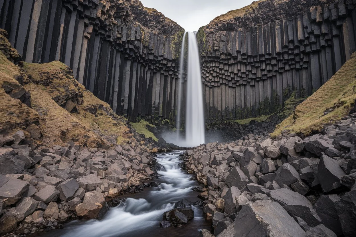 Litlanesfoss waterfall surrounded by tall basalt columns in Iceland