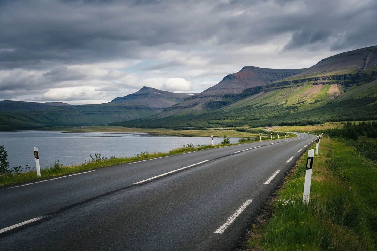 Road 931 Iceland near Lagarfljót lake and Hallormsstaðarskógur forest