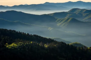 A misty mountain range at dawn, with layers of green and blue peaks vanishing into the distance beneath a gentle sky.