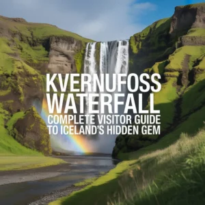 Breathtaking view of Kvernufoss Waterfall in Iceland with rainbow and lush green canyon, blog title overlay.