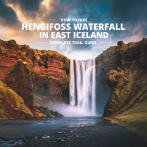 Hengifoss Waterfall in East Iceland with red rock layers and blog title overlay